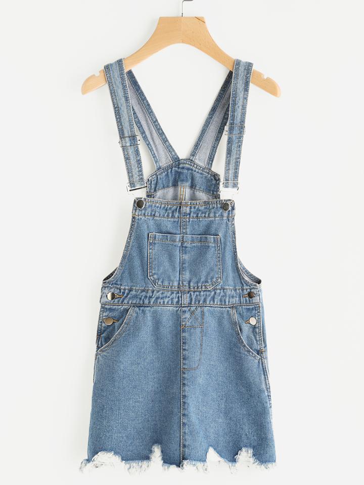 Romwe Destroyed Fray Hem Denim Pinafore Dress