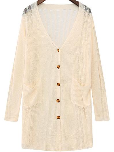 Romwe Hollow Pockets Button-down Beige Cardigan