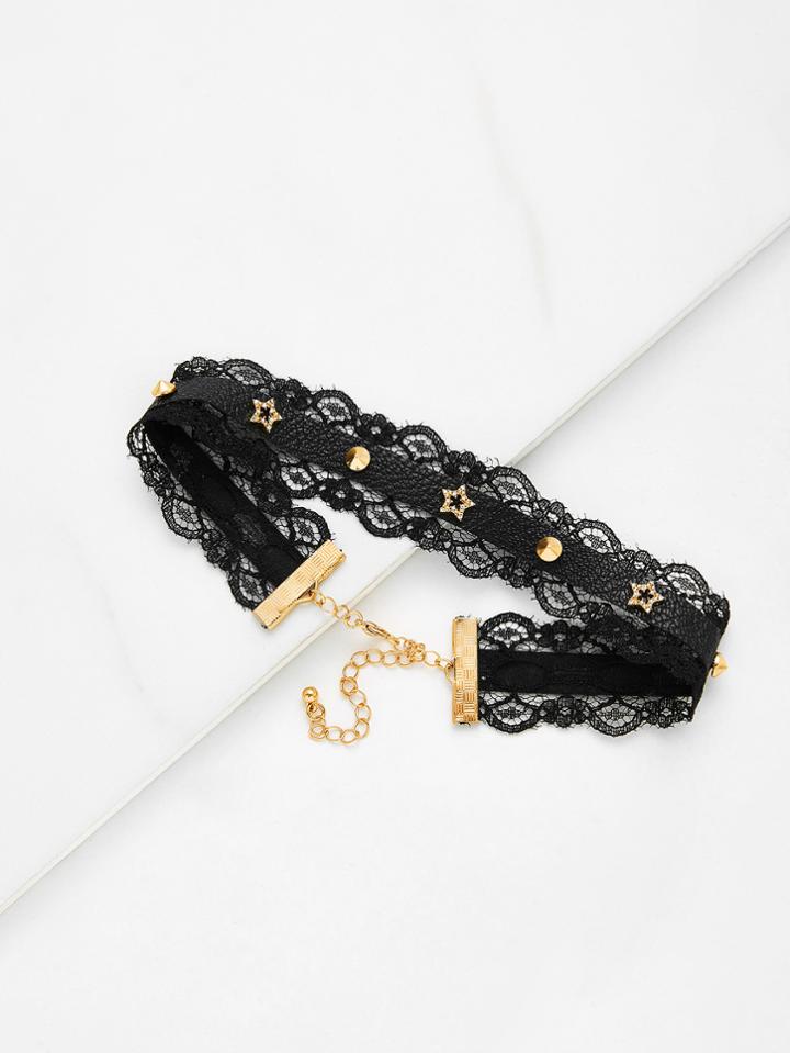 Romwe Metal Star Detail Lace Choker