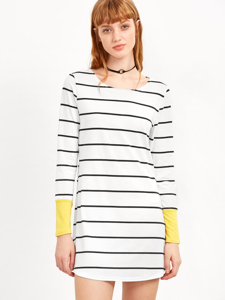 Romwe Contrast Cuff Striped Tee Dress