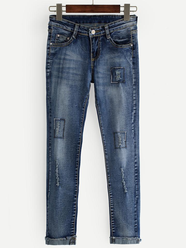 Romwe Blue Frayed Roll Hem Bleach Wash Jeans