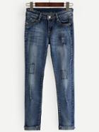 Romwe Blue Frayed Roll Hem Bleach Wash Jeans