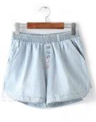 Romwe Blue Elastic Waist Buttons Denim Shorts