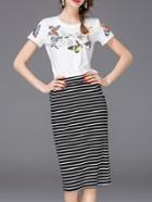 Romwe White Butterfly Print Top With Striped Skirt