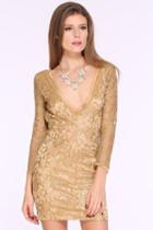 Romwe Champagne Hollow Lace V Neck Party Dress