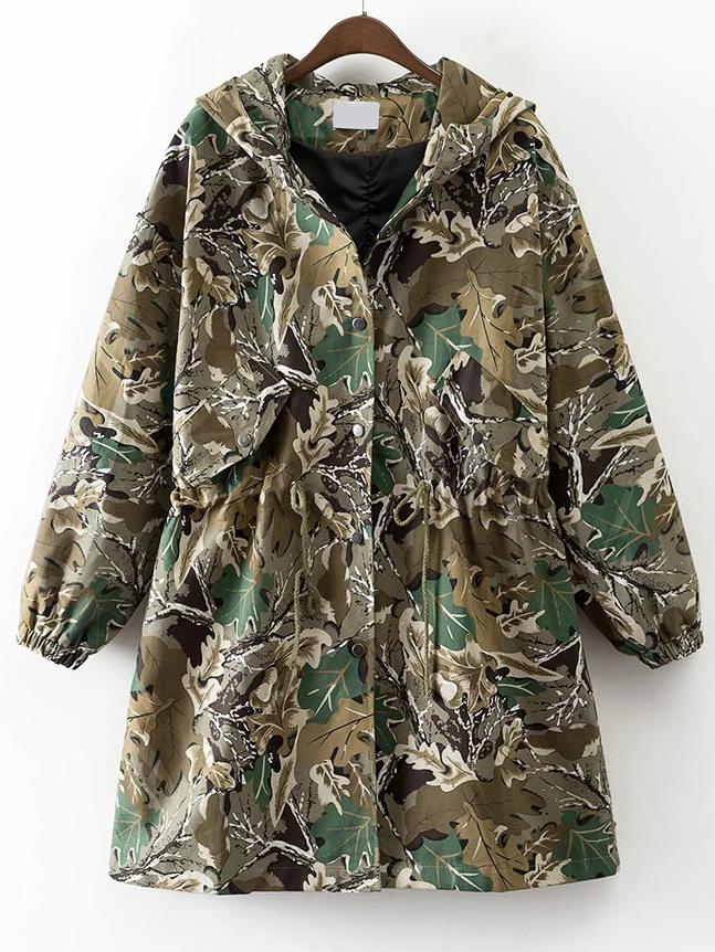 Romwe Camouflage Drawstring Detail Patch Hooded Coat