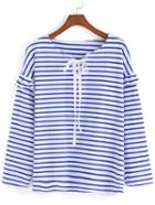Romwe Striped Lace Up Blue T-shirt