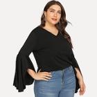 Romwe Plus V Neck Flounce Sleeve Solid Tee