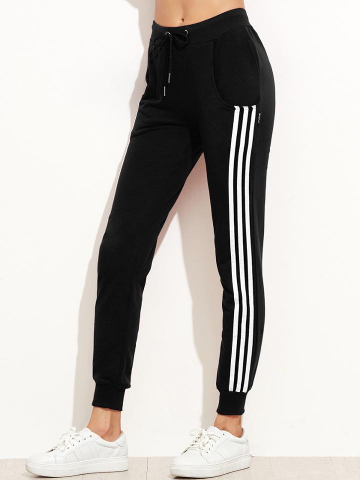 Romwe Black Side Stripe Drawstring Tapered Leg Pants