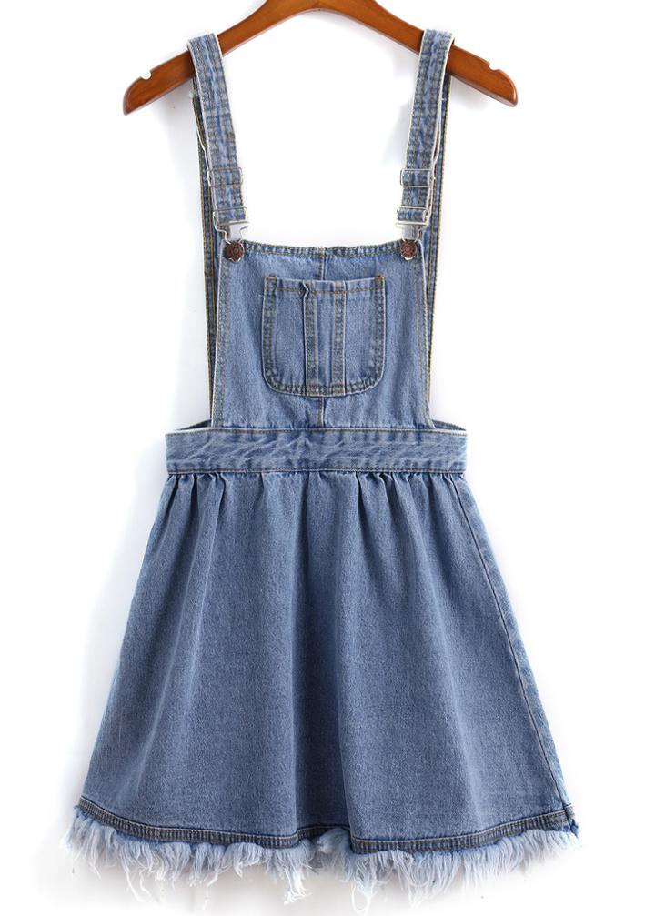 Romwe Strap With Pocket Fringe Denim Blue Dress