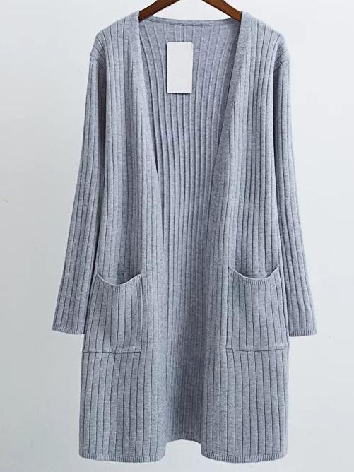 Romwe Grey Collarless Ribbed Long Pocket Cardigan