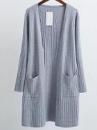 Romwe Grey Collarless Ribbed Long Pocket Cardigan