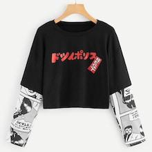 Romwe Contrast Sleeve Comic Print Tee