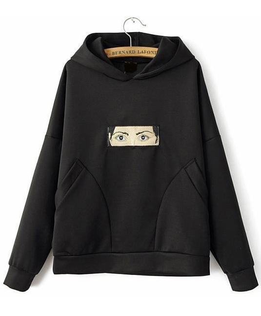 Romwe Eyes Embroidered Pocket Hooded Sweatshirt