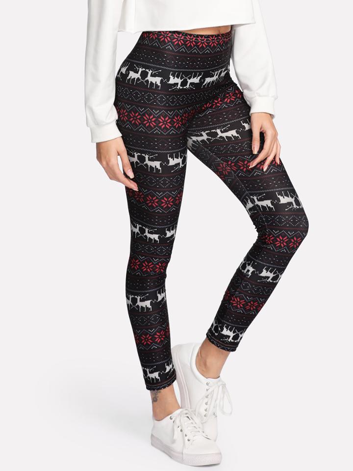 Romwe Elk Print Skinny Leggings