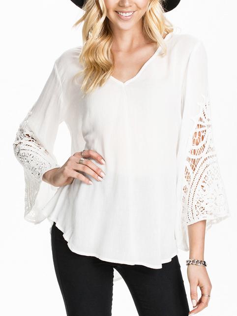 Romwe White V Neck Bell Lace Hollow Out Sleeve Blouse