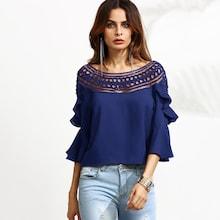 Romwe Crochet Yoke Flounce Sleeve Ruffle Top
