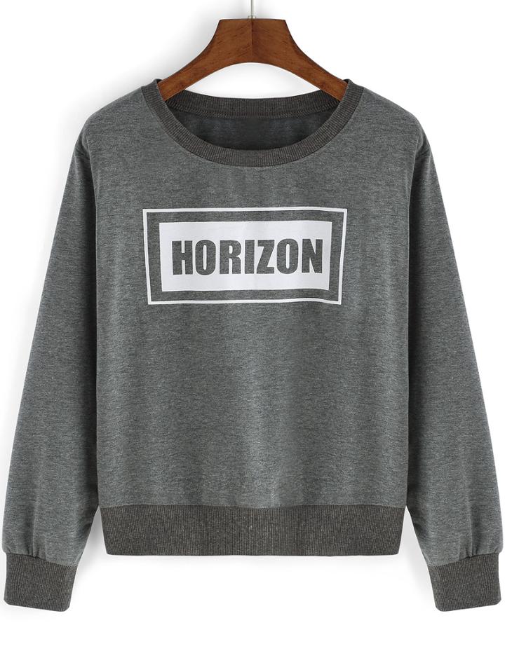 Romwe Round Neck Letters Print Crop Grey T-shirt