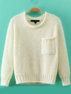 Romwe Round Neck Pocket Knit White Sweater