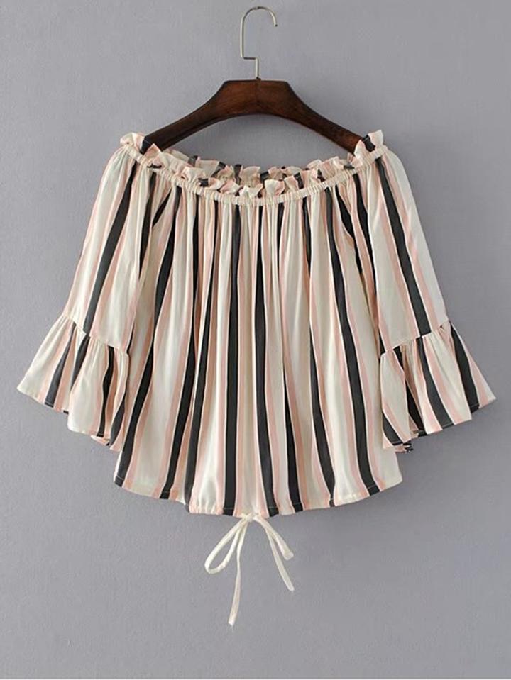 Romwe Bell Sleeve Vertical Striped Tie Detail Top