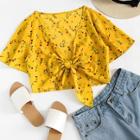 Romwe Knot Front Calico Print Crop Top