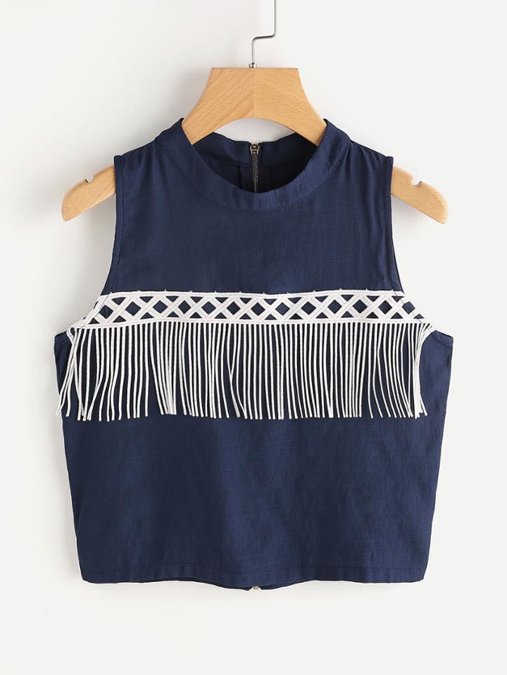 Romwe Tassel Detail Zip Up Back Top