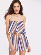 Romwe Striped Bandeau Top And Shorts Set