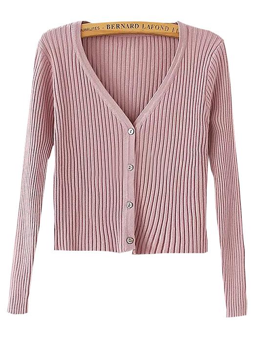 Romwe Ribbed Buttons Pink Cardigan