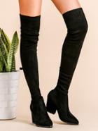 Romwe Black Faux Suede Point Toe Back Zipper Thigh High Chunky Boots
