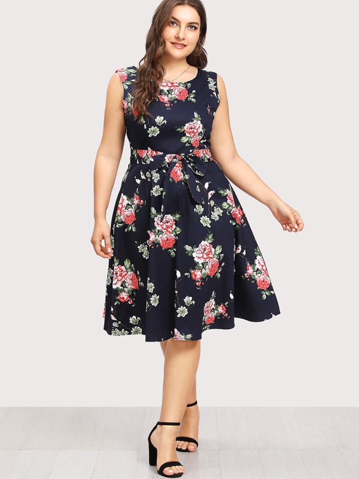 Romwe Random Florals Self Tie Skater Dress