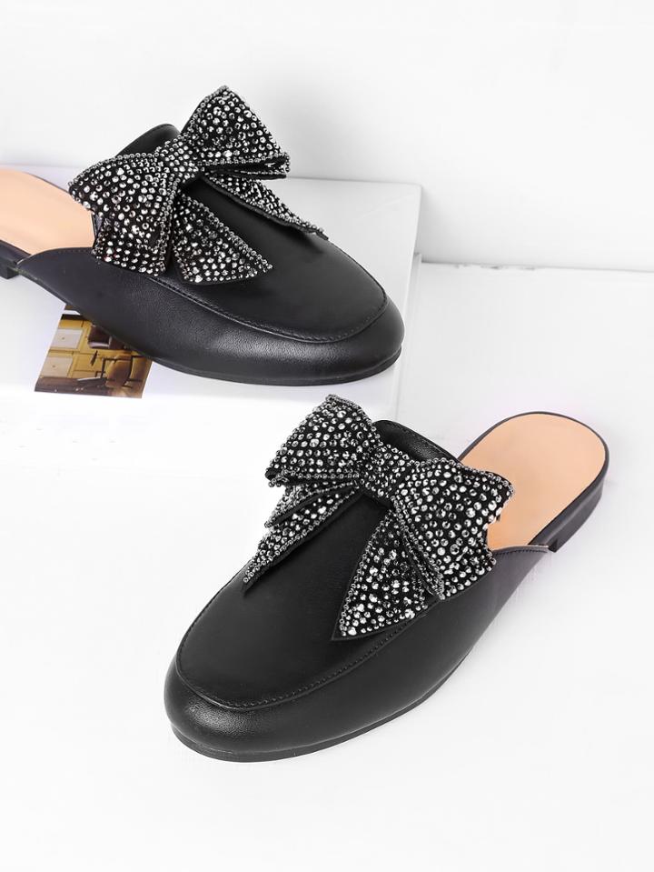 Romwe Bow Tie Pu Loafer Slippers