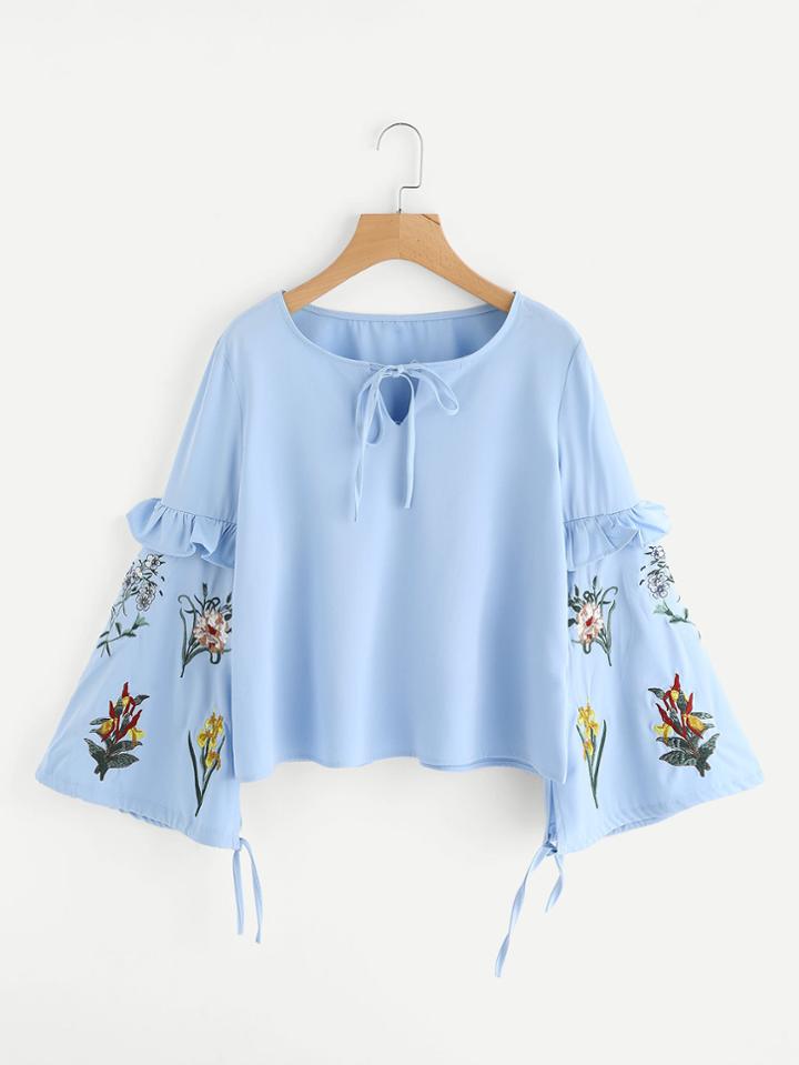 Romwe Botanical Embroidered Frilled Lantern Sleeve Top