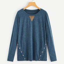 Romwe Plus Button Decoration Elbow Patch Tee