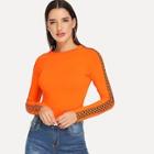 Romwe Neon Orange Check Print Raglan Sleeve Fitted T-shirt