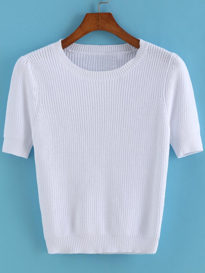 Romwe Short Sleeve Knit White Sweater