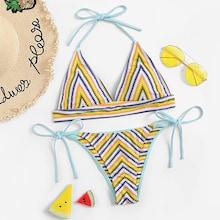 Romwe Chevron Triangle Top With Tie Side Bikini Set