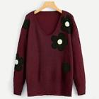 Romwe Plus Drop Shoulder Floral Embroidered Sweater