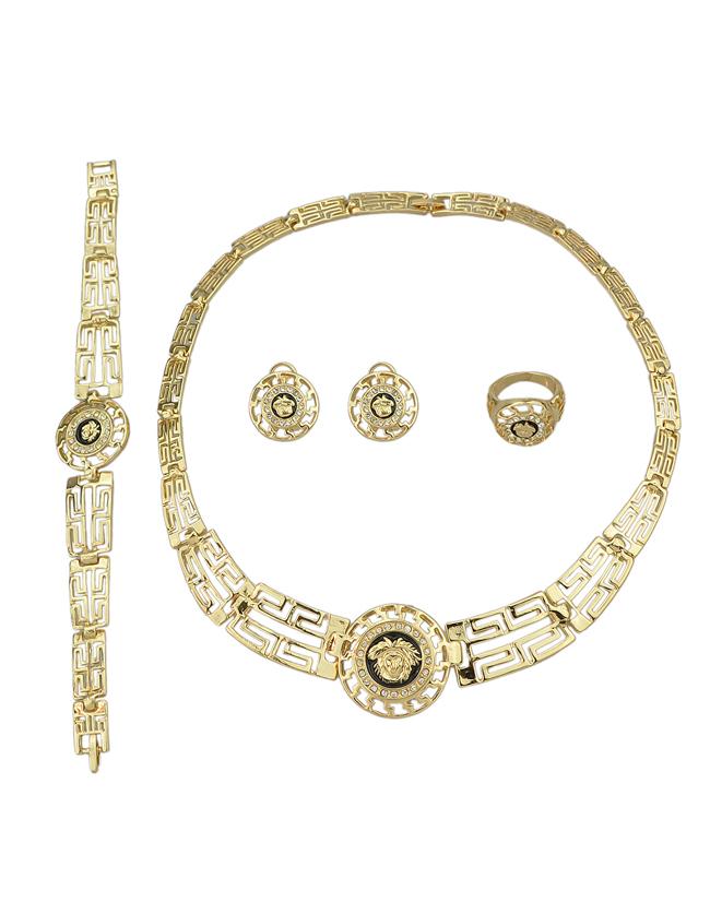 Romwe Beautiful Maze Shape Rhinestone Necklace Earrings Bracelet Rings Jewelry Set For Women