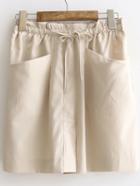 Romwe Khaki Elastic Tie Waist Pockets Split Front Skirt