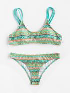 Romwe Graphic Print Strappy Bikini Set