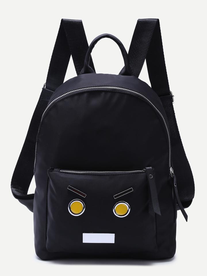 Romwe Black Cartoon Patch Front Pocket Nylon Backpack
