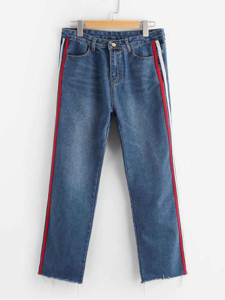 Romwe Contrast Side Striped Straight Jeans