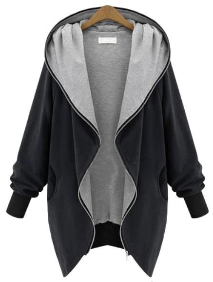 Romwe Black Hooded Long Sleeve Pockets Loose Coat