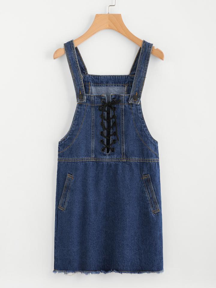 Romwe Eyelet Lace Up Raw Hem Pinafore Denim Dress