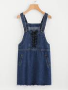 Romwe Eyelet Lace Up Raw Hem Pinafore Denim Dress