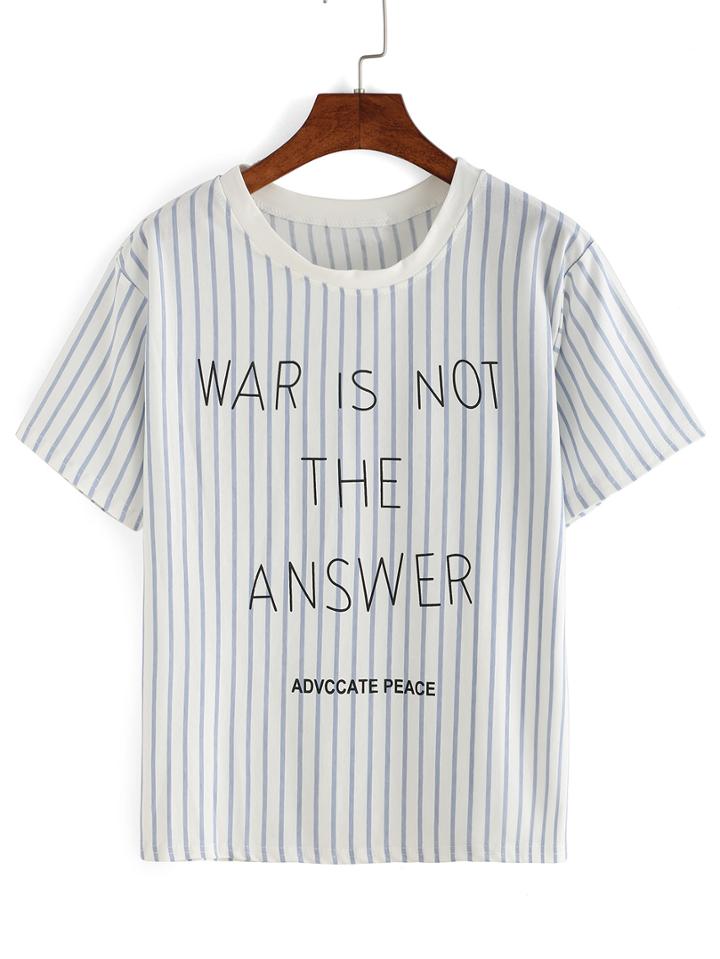 Romwe Blue Vertical Stripe Letter Print T-shirt