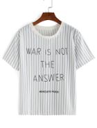 Romwe Blue Vertical Stripe Letter Print T-shirt