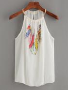 Romwe White Keyhole Halter Neck Feather Print Top