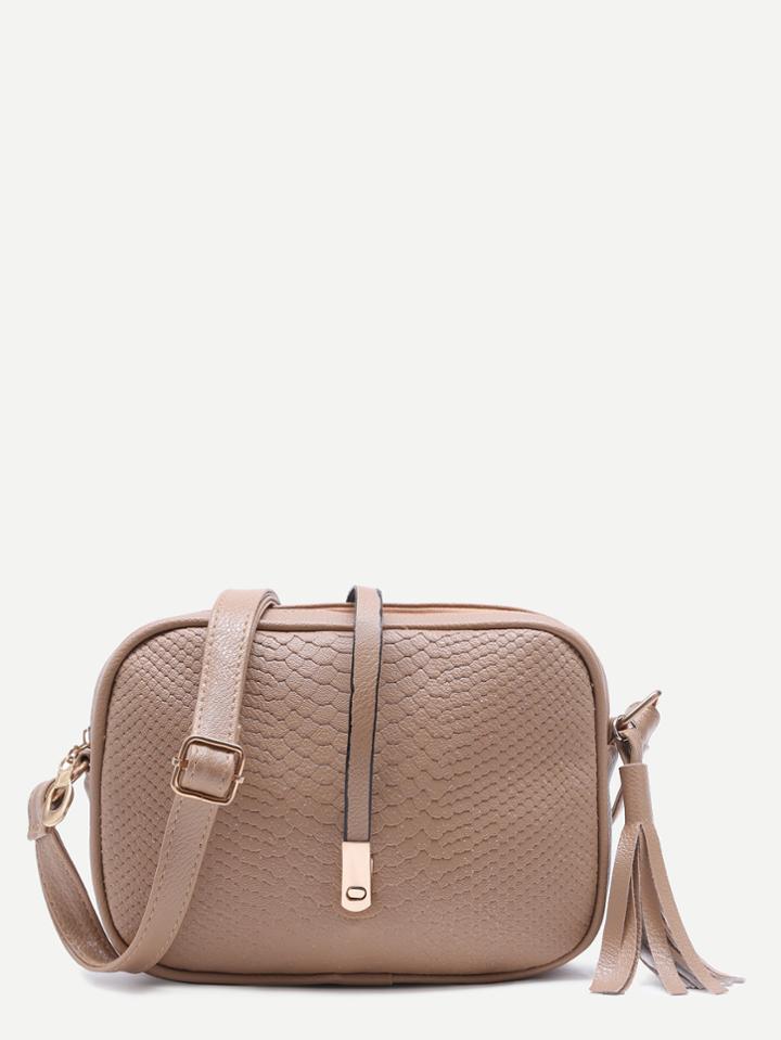 Romwe Khaki Snakeskin Leather Tassel Crossbody Bag