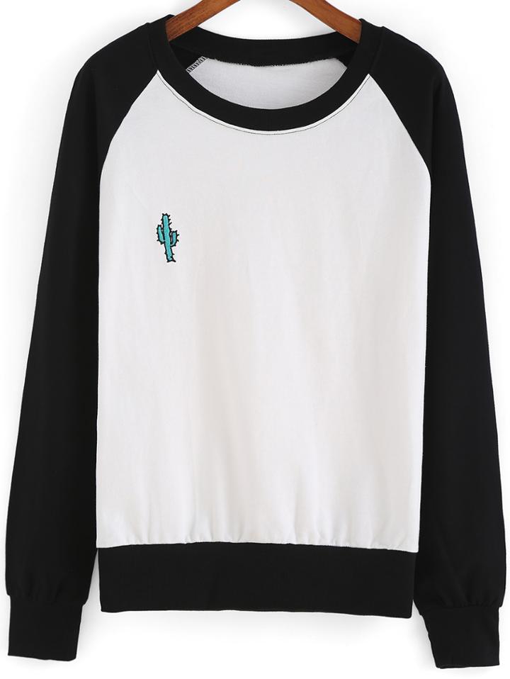 Romwe Black White Round Neck Cactus Embroidered Sweatshirt